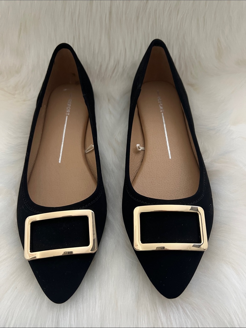Report Black Pointed Flats with Gold Buckle Accent
